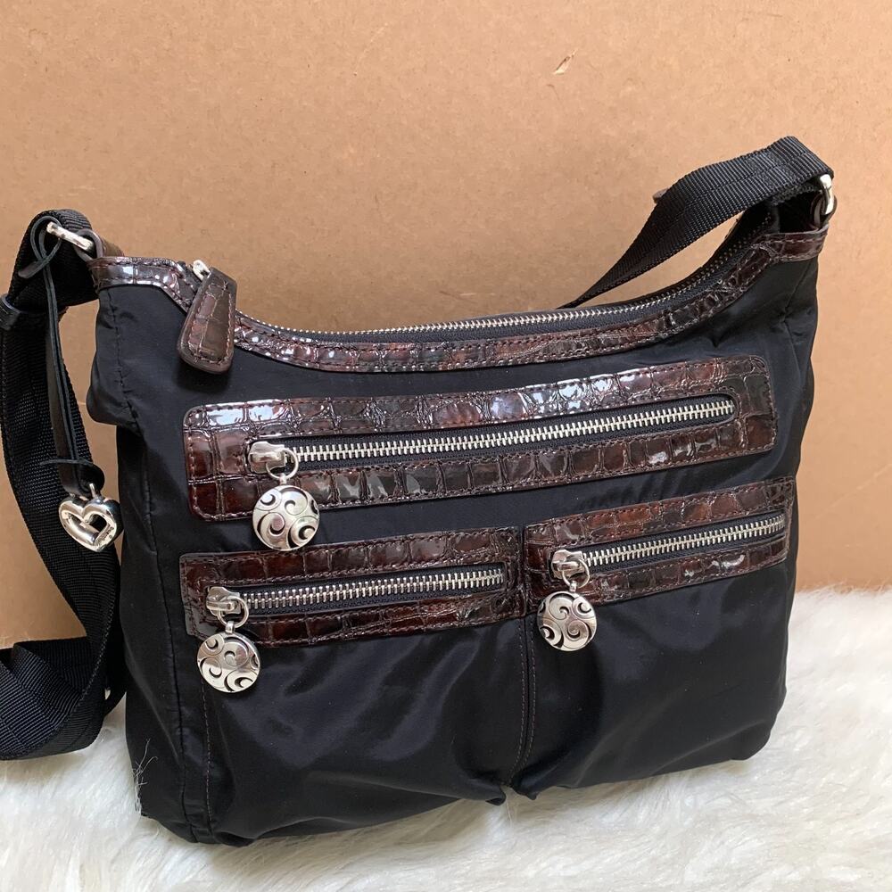 BRIGHTON Convertible Black Nylon TWISTER Crossbody Messenger Croc Leather Trim